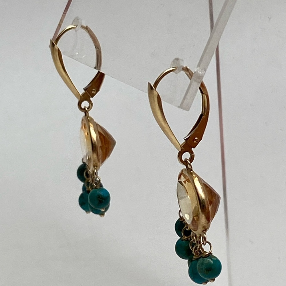 14K Yellow Gold Bezel Citrine and Turquoise Bead Dangle Leverback Earrings - Picture 13 of 15
